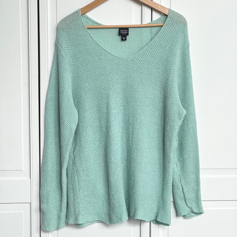 Eileen Fisher Woman 1X Mint Green 100% Linen Knit Sweater Long Sleeve READ